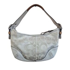 Coach Signature Monogram Canvas Leather Trim Hobo Shoulder Bag White Tan